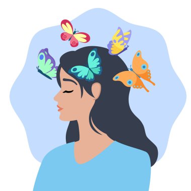Gözleri kapalı, olumlu düşünceleri, dönüşümü ve zihinsel refahı temsil eden renkli kelebeklerle çevrili bir kadının huzurlu bir tasviri. Ruh sağlığına odaklanan içerik için ideal