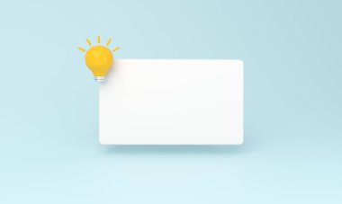 Minimalist görüntüde beyaz bir kartın üzerine yerleştirilmiş parlak sarı bir ampul var. Yumuşak mavi bir arkaplana kurulmuş. Yaratıcılık, yenilik ve parlak fikirler için ideal..