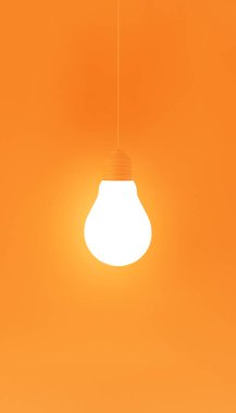Parlayan tek bir ampulün parlak turuncu arka planda asılı olduğu minimalist görüntü. Yaratıcılık, yenilik ve parlak fikirler için ideal temalar.