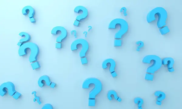 Minimalist tasarım, açık mavi arka planda yüzen birden fazla mavi üç boyutlu soru işaretleri içeriyor. Soruşturma, belirsizlik ve sorun çözme konuları için mükemmel..