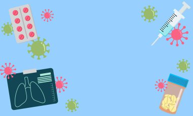 Mavi arka planda şırınga, hap, akciğer röntgeni ve virüs sembollerini tasvir eden düz bir tasarım. Sağlık hizmetleri, aşı ve salgınla ilgili konuları temsil eder.