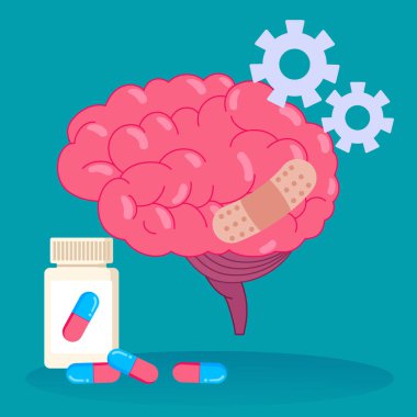 Zihinsel sağlığı, iyileşmeyi ve nörolojik bakımı sembolize eden bandajlı, haplı ve vites simgeleyen bir beyin tasviri.