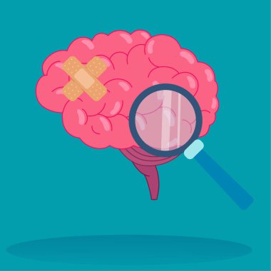 Illustration depicting a brain with bandages and a magnifying glass, symbolizing brain injury, treatment, and recovery in neuroscience and mental health. clipart