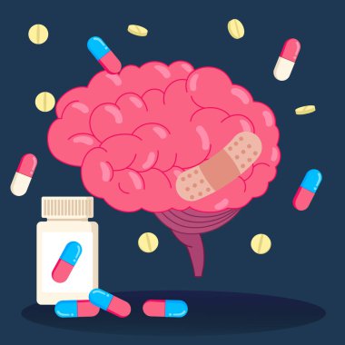 Beyin, beyin sağlığı, iyileşme ve tedaviyi simgeleyen haplar ve ilaç şişesiyle çevrili bir beyin tasviri.