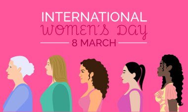 Uluslararası Kadınlar Günü 'nü, Mart' ı kutlayan, etrafı çiçeklerle çevrili ve pembe beyaz bir arka planda terk eden bir kadının zarif bir çizimi..