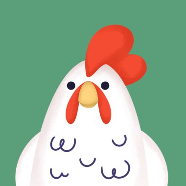 Kırmızı tarak ve sarı gagalı beyaz bir tavuğun basit bir yeşil arka planda dizilmiş sevimli çizgi film tarzı çizimi..