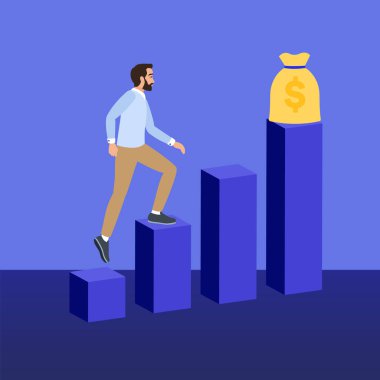 Para çantasına ulaşmak için bar grafiğine tırmanan işadamı, mali büyüme, başarı ve iş ve yatırımlardaki başarıyı temsil ediyor