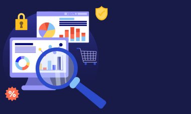 Bilgisayar ekranında, alışveriş arabasında, güvenlik ve yüzde simgelerinde grafikleri gösteren büyüteçle iş analizi ve istatistik kavramı