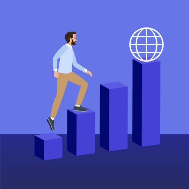 İş adamı, küresel iş başarısını ve uluslararası pazar genişlemesini temsil eden bir küreyle büyüme tablosunu yükseltiyor
