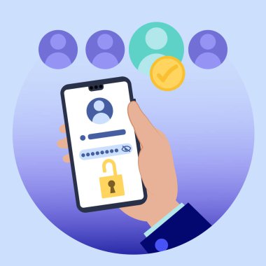 Güvenli giriş için kullanıcı profili seçimi ve parola girdisi gösteren, çevrimiçi güvenlik ve erişim denetimi sağlayan akıllı telefon