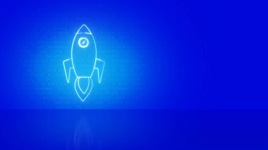 Parlayan neon roketler ikili kod arka planına karşı fırlatılıyor, yenilik, teknoloji girişimi ve iş başarısını sembolize ediyor