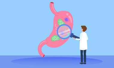 Bakteriler, virüsler ve diğer patojenler için mideyi incelemek için büyüteç kullanan doktor, sindirim sağlığı ve tıbbi bakım kavramı