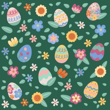 Paskalya yumurtası ve çiçekleri, bahar kutlamaları ve şenlik projeleri için ideal, pürüzsüz bir şablon oluşturuyor.