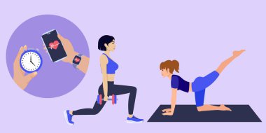 Bir fitness uygulaması, akıllı seğirme ve kronometre ile egzersiz yapan kadınları gösteren vektör illüstrasyonu, sağlığın ve sağlıklı yaşam tarzlarının altını çiziyor