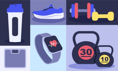 Koşu ayakkabıları, ağırlık sallama, akıllı kaslar ve ağırlık ölçeği gibi sağlıklı bir yaşam tarzını destekleyen spor malzemeleri ve ekipmanlar.