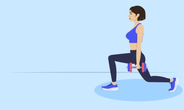 Dambıllarla hareket eden genç bir kadının vektör çizimi, fitness, sağlık ve sağlıklı bir yaşam tarzını teşvik ediyor.