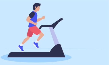 Koşu bandında koşan bir adamın vücut geliştirme, egzersiz ve sağlıklı bir yaşam tarzını simgeleyen vektör çizimi.