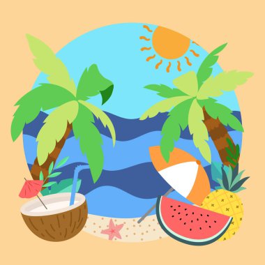 Hindistan cevizi suyu, karpuz, ananas, plaj şemsiyesi, palmiye ağaçları, deniz ve güneş parlayan tropik plaj, yaz tatili atmosferini çağrıştırıyor.