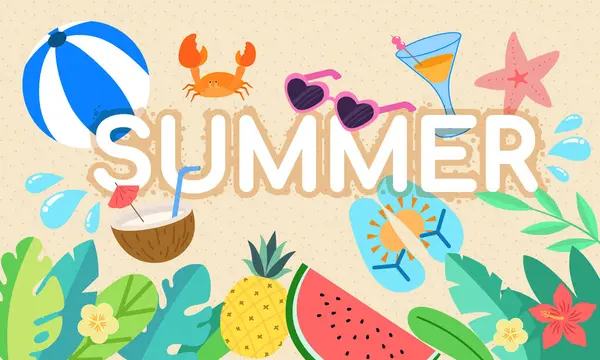 Plajla ilgili ikonlar, tropikal meyveler ve yemyeşil yapraklar içeren renkli yaz arkaplanı canlı ve şenlikli bir tatil atmosferi yaratıyor.