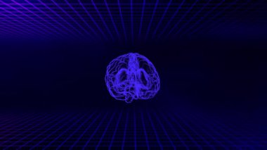 Yapay zekayı, bilinci ve sanal gerçekliği temsil eden dijital şebeke arka planında dönen tel çerçeveli beyin