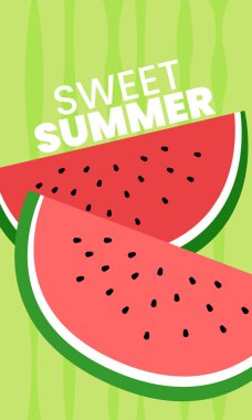 Yeşil çizgili arka planda üst üste iki karpuz dilimi yazın tatlılığını çağrıştırıyor.