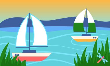 Yelkenliler sakin sularda, canlı bir günbatımı gökyüzünün altında, sakin bir yaz akşamı atmosferini anımsatarak zarifçe yüzerler.