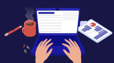 Bilgisayarda çalışan bir işadamı, çizelgeleri ve grafikleri analiz ediyor. Masasında bir fincan kahve ve ofis malzemesi var.