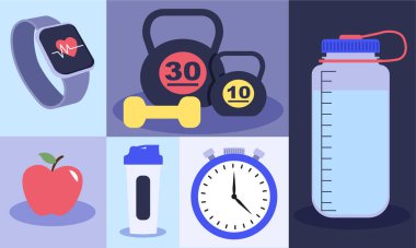 Sağlıklı yaşam tarzını destekleyen spor malzemeleri, kettlebell, dambıl, protein karıştırıcı, elma, kronometre ve su şişesi.