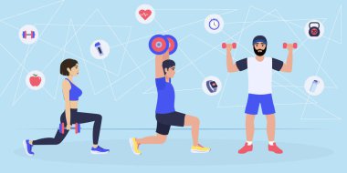 İnsanlar dambıl ve kettlebell kullanarak egzersiz, sağlıklı yaşam tarzı, vücut bakımı ve sağlık hizmetlerini teşvik ediyorlar.