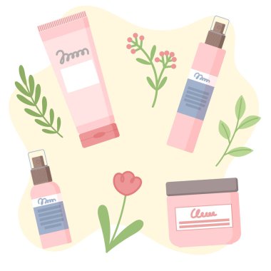 Cilt ürünleri ve çiçekler rahatlatıcı bir spa ve sağlık ortamı yaratıyor, doğal yüz bakımını teşvik ediyor.