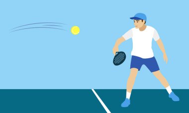 Padel oyuncusu canlı, mavi bir padel kortunda oynanan yoğun bir maçta raketle topa vuruyor. Yetenek ve atletizm gösteriyor.