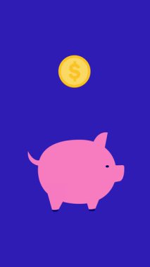 Altın sikke mavi arka planda pembe kumbara animasyonuna düşüyor..