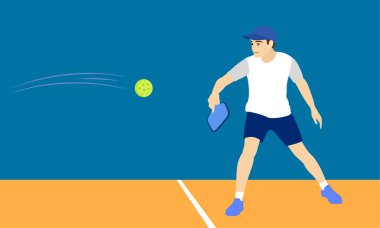 Erkek atlet ustalıkla pipettop oynuyor, topa kürekle vurmaya odaklanıyor. Sarayda canlı mavi ve turuncu renkler var.