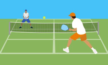 Pickleball sahasında raket ve topla oynayan iki sporcu. Ağ, sahayı bölerek oyunun dinamik doğasını vurguluyor.