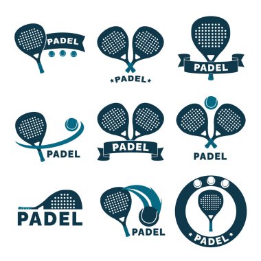 Dokuz farklı Padel logosu raket, top ve dinamik hareketler sergiliyor, spor ile ilgili markalaşma ve promosyon malzemeleri için ideal.