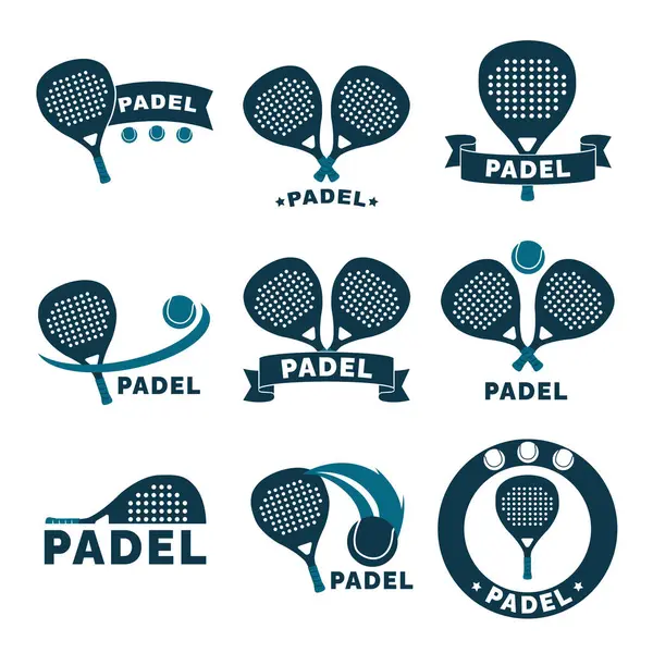 Dokuz farklı Padel logosu raket, top ve dinamik hareketler sergiliyor, spor ile ilgili markalaşma ve promosyon malzemeleri için ideal.