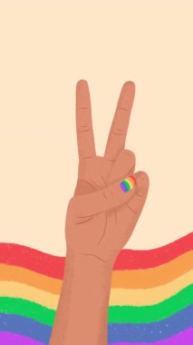 Gökkuşağı bayrağının üzerinde gökkuşağı ojesiyle el işaretleri, lgbtq + gurur ve eşitliği kutluyor.