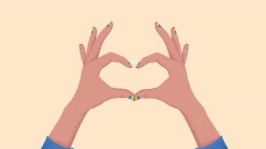 El, bej bir arka planda gökkuşağı boyalı tırnaklarla defalarca kalp şekli oluşturur, lgbtq + gurur ve kapsayıcılığı sembolize eder