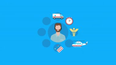 Acil servisleri, teşhis araçlarını ve canlı mavi arka plandaki hasta bakımını temsil eden sembolik medikal ikonlar tarafından çevrelenmiş tıbbi profesyonel navigasyon manzarası.