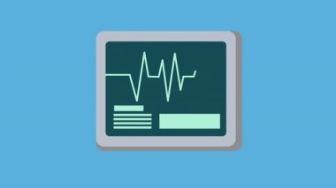 Tıbbi kalp atışı monitörü klinik mavi arka planda değişen kalp ritmi örüntülerini gösteriyor. Dijital elektrokardiyogram nabız görselleştirmesi gösteriyor.