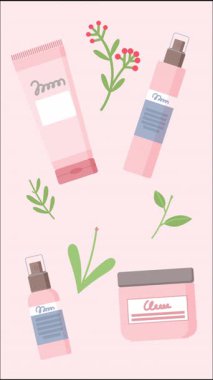 Doğal kozmetik ürünleri, cilt ürünleri, çiçekler ve yaprakların animasyon deseni pembe arka planda, güzellik, kaplıca ve refah içeriği için ideal