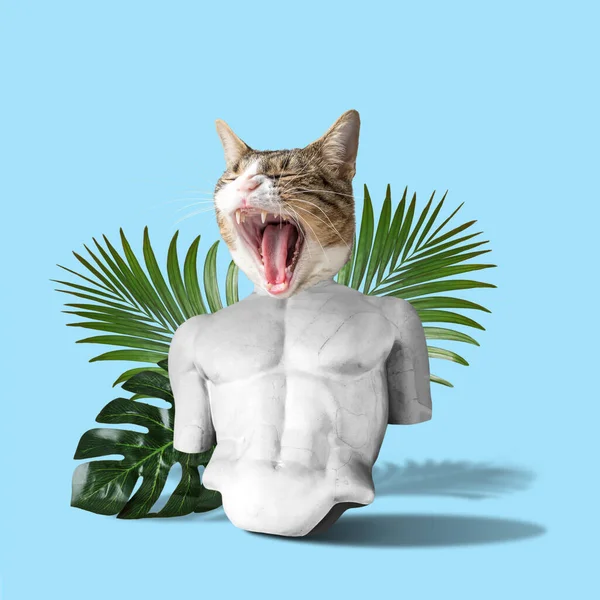 Collage Arte Hecho Con Cabeza Gato Cuerpo Estatua Sobre Fondo — Foto de Stock