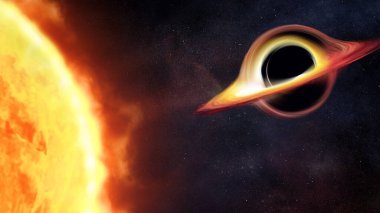 Derin uzayda büyük Güneş 'li kara delik. Gerçekçi bilim kurgu sanatı. Bu görüntünün elementleri NASA tarafından desteklenmektedir.