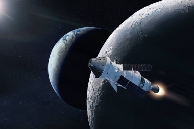 Orion uzay aracı Ay yüzeyine yakın. Artemis uzay görevi. Bu görüntünün elementleri NASA tarafından desteklenmektedir.
