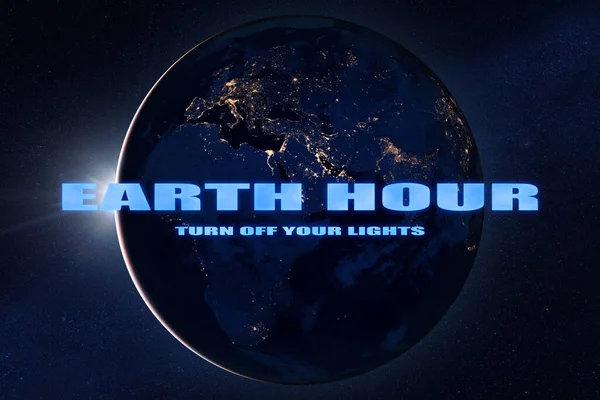 Earth hour 2023 event. Earth planet with sunlight in outer space. Turn off the lights. Elements of this image furnished by NASA.