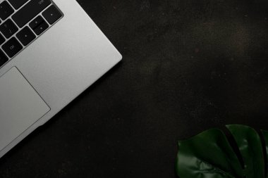 Çalışma alanı laptoplu ve avuç içi yaprakları siyah arkaplanlı. Düz uzanmış, üst görünüm ofis masası..