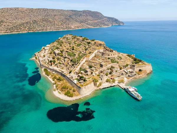 stock image Aerial drone view of an old Venetian fortress island and former Leper colony. Spinalonga, Crete, Greece.