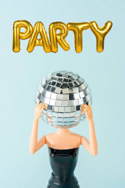Girl Black Dress Disco Ball Head Next Helium Balloons Shape — Stock Photo, Image