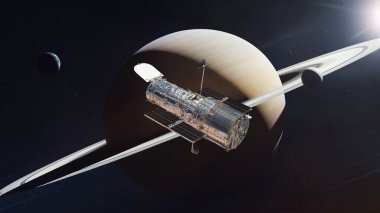 Hubble uzay teleskopu, Satürn gezegeninin yakınında, uzayda. Bu görüntünün elementleri NASA tarafından desteklenmektedir.