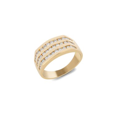 Beyaz arkaplanda elmaslarla izole edilmiş altın yüzük.